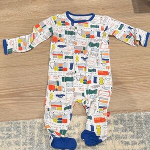 Playful trucks Patterned Kids Footie with Blue Trim